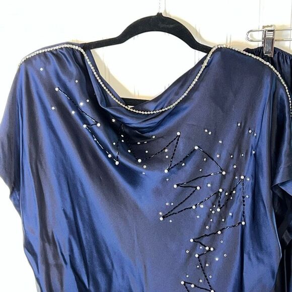 Christyne Forti Silk Skirt Suit Women’s Size 8 Navy Blue Rhinestone / faux Pearl - Picture 3 of 7